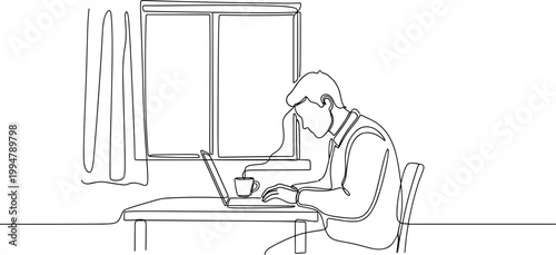 Man working on laptop at desk with coffee, continuous line drawing, minimal style
