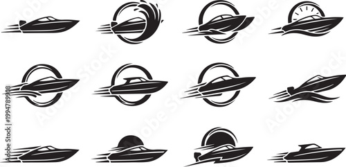 Speedboat icon set, black silhouettes with motion lines and water splashes, flat design vector illustration
