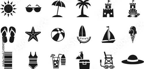 Black silhouette icons representing summer vacation and tropical elements