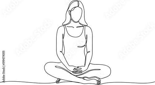 Continuous line drawing of a woman meditating in lotus pose, minimalist art, calm and peaceful.
