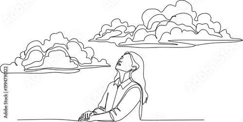 Woman looking up at clouds, minimalist line art, dreaming, aspiration, freedom, imagination