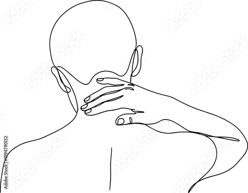 Line Art of Person's Hand Massaging Neck Pain, Minimalist Abstract Medical Illustration