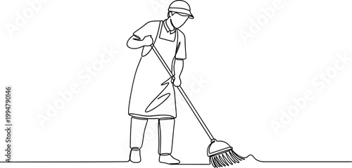 Continuous line drawing of a person sweeping the floor, simple minimalist art, cleaning concept.