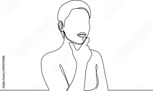 Woman's Face Line Art, Thinking Pose, Minimalist Portrait, Single Line Drawing, Abstract