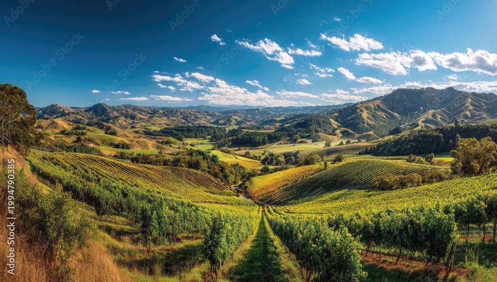 Fototapeta premium Expansive Rolling Hills Vineyard Landscape Under a Blue Sky with Clouds.
