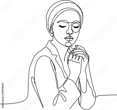 Woman praying with closed eyes and hands together, minimalist line art portrait