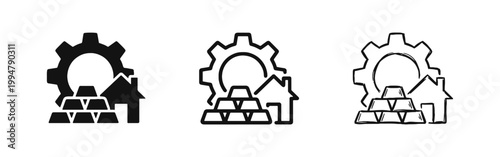 Financial Investment Icon with Gold Bars Gear and House in Three Different Design Styles