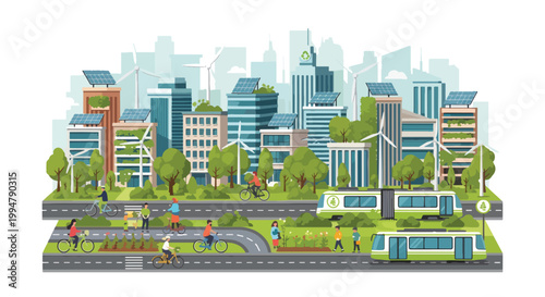 Sustainable green city landscape with modern eco-friendly architecture, renewable energy sources, and people enjoying a healthy urban lifestyle.