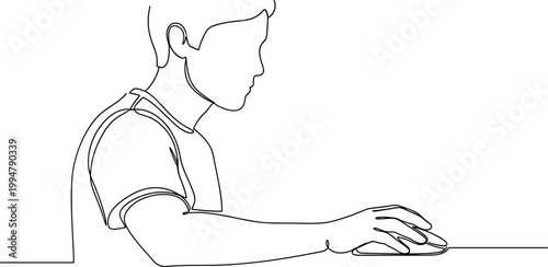 Continuous line drawing of a person using a computer mouse, focused on work or gaming.