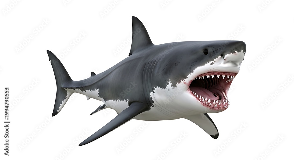 Fototapeta premium Realistic 3d illustration of a large great white shark with open mouth isolated on white background