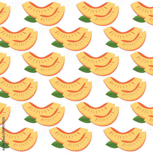 Peach slice seamless pattern. Vector fruit background with repeating peach or nectarine pieces and green leaves, sweet food wallpaper for summer textile and kitchen decor.