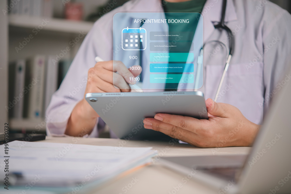 Fototapeta premium Close up hand doctor using digital calendar appointment booking app on tablet, clinical time management, smart healthcare solution, medical secretary automation, telehealth consultation scheduling.