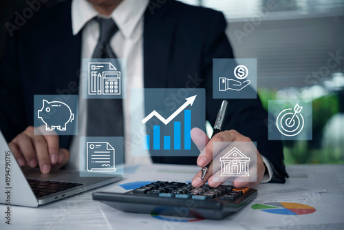 Photos Financial consultant analyzing market trend laptop calculator budget planning ROI optimization tax efficiency mortgage loan banking digital accounting software business prosperity wealth