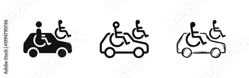 Accessible Transportation Icon Set featuring Car and Wheelchair Symbol in Three Different Styles