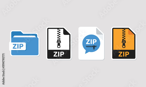 ZIP file icons collection, compressed archive folder and document symbols, modern flat vector set for data storage, file management and digital systems