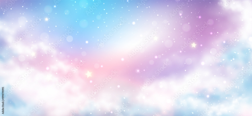 Fototapeta premium Unicorn background with pastel pink rainbow gradient, holographic sky cloud, sparkling star and bokeh light. Mermaid, cute candy and kawaii wallpaper. Princess birthday party and fairy tale backdrop.