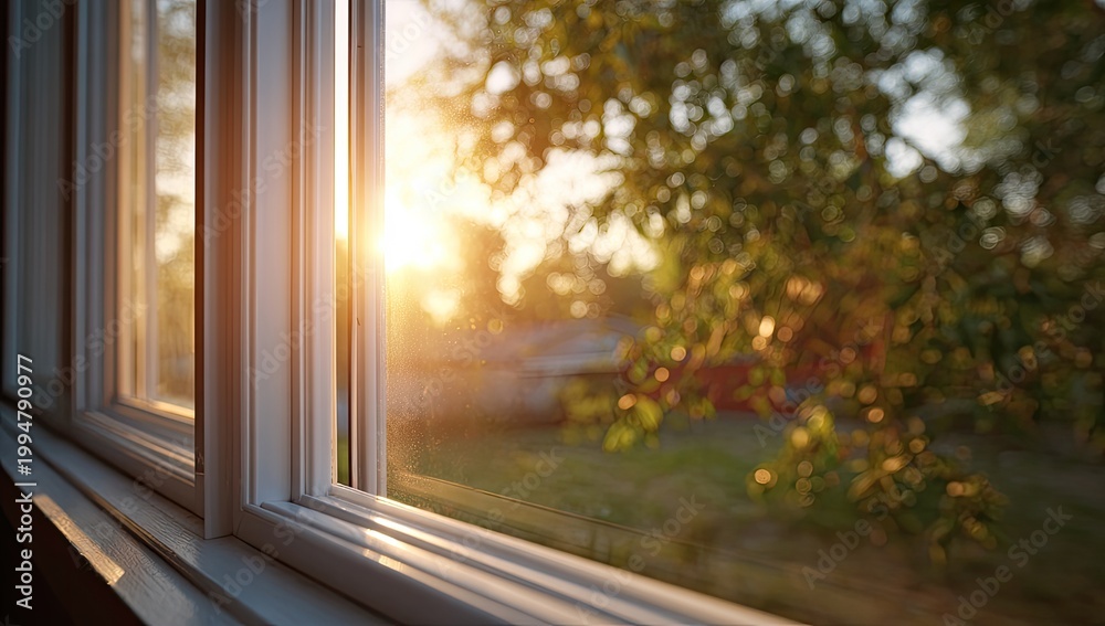 Fototapeta premium Golden Sunset Seen Through a Window with Trees Outside.