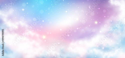 Unicorn background with pastel pink rainbow gradient, holographic sky cloud, sparkling star and bokeh light. Mermaid, cute candy and kawaii wallpaper. Princess birthday party and fairy tale backdrop.