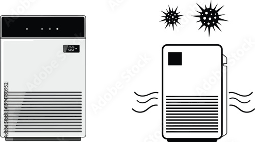 Air purifier illustration with virus particles, clean air filtration concept, modern home appliance vector design for health protection and indoor air quality