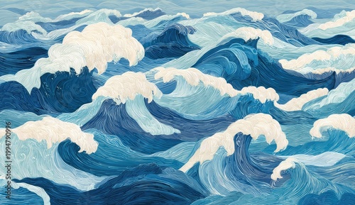 Stylized Ocean Waves with White Foam in a Dynamic Blue Palette.