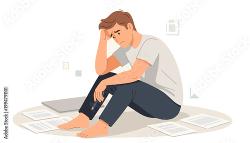 A stressed man sits on floor with laptop and papers in a messy room.