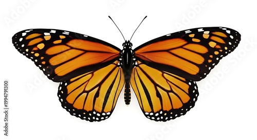 Bright orange and black monarch butterfly with wings spread isolated on white background