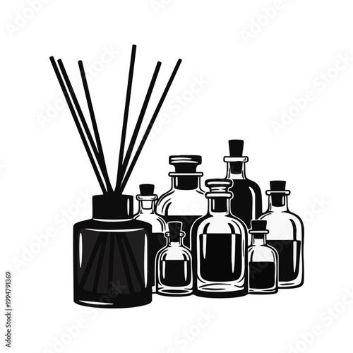 Aroma diffuser and essential oil bottles silhouette set. Black and white vector illustration isolated on transparent background