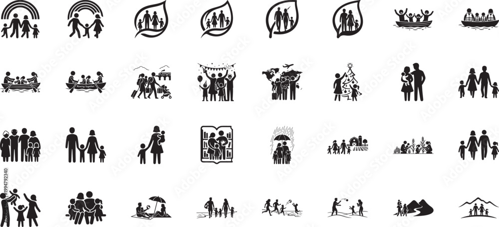 Obraz premium Adventure family travel and outdoor recreation silhouette icons