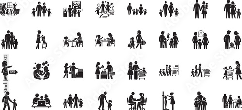 Family shopping and dining silhouette icons for lifestyle design