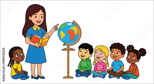 A teacher instructs a diverse group of young students using a globe