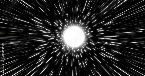 Cosmic Journey: A captivating visual representation of interstellar travel, featuring a bright, radiant focal point at the center, surrounded by streaks of light, all against a dark expanse of space.