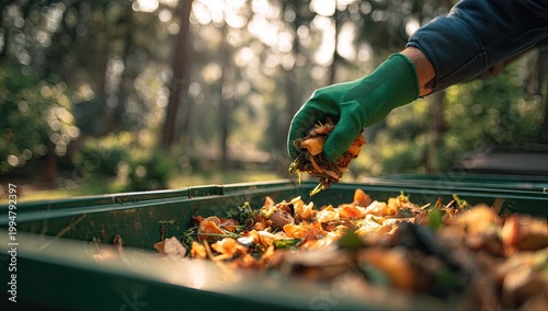 Gardeners Hand Adds Organic Waste to Compost Bin Outdoors.