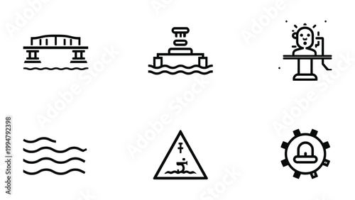 Symbolic Icons: A set of six meticulously crafted line art icons, each representing different concepts, ranging from a bridge over water to a person and alert