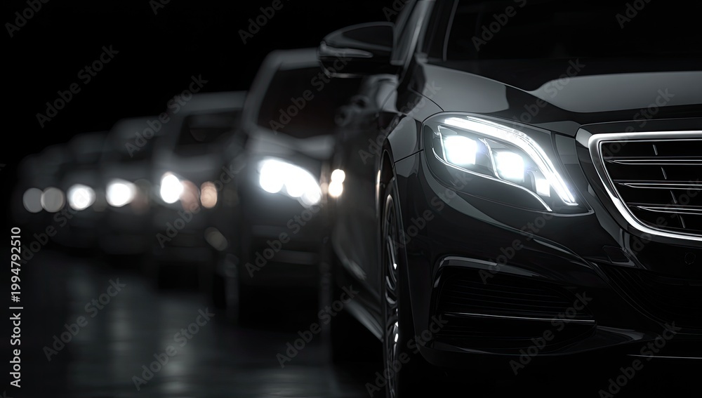 Obraz premium Row of Luxury Cars with Headlights On in Darkness.