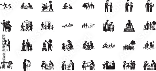 Family bonding and educational activities icons for home learning