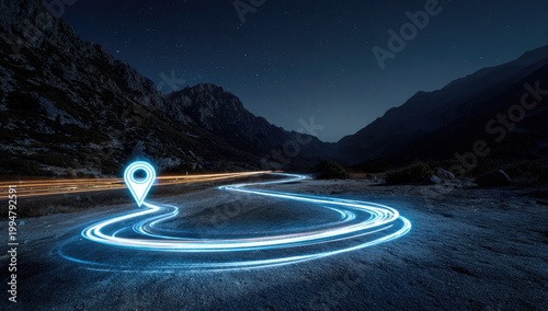 Glowing Blue Light Trail Marks Destination on Winding Road at Night.