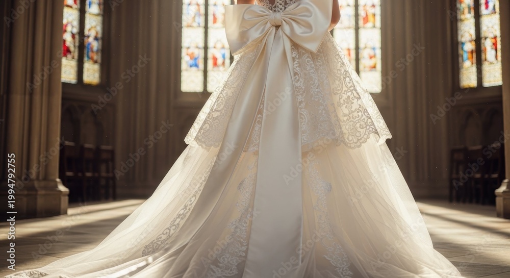 Fototapeta premium Bride in Elegant White Dress Posing Confidently in Cathedral
