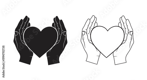 Two pairs of hands gently cradling heart shapes in black and white