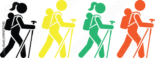 Four hikers with backpacks and walking sticks