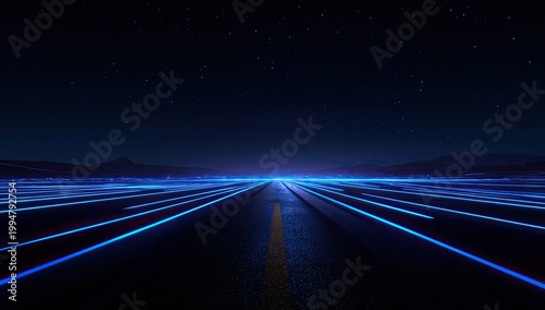 Abstract Blue Light Streaks on Dark Road at Night.