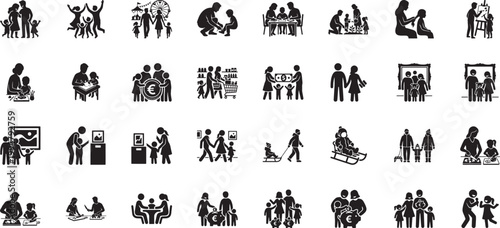 Family financial and creative icons featuring savings art painting and winter sports