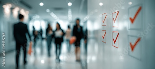 Blurred business people walking in a modern office hallway with a checklist on the wall.