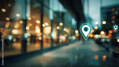 Digital Map Pins Floating Above City Street at Night.