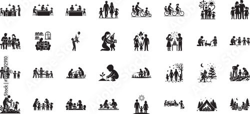 Diverse family icons showing birthday parties gardening winter snowmen and cycling activities