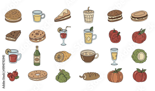 Hand drawn food and drink doodle vector icon set snacks desserts beverages