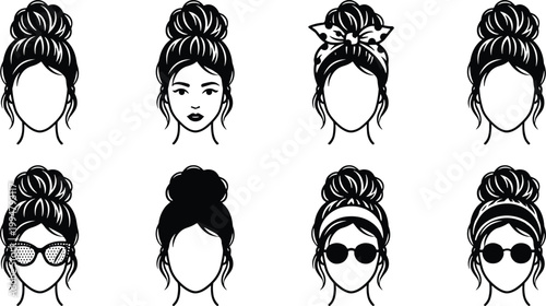 Women Hairstyles Avatar Set Vector Female Face Silhouette Bun Hair Fashion Illustration Collection