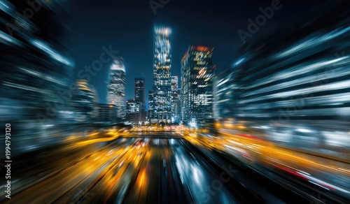 Blurry Cityscape at Night with Streaking Lights and Tall Buildings.