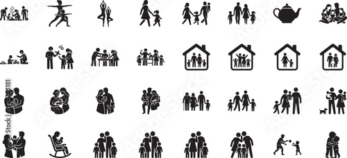 Family lifestyle icons with yoga home life and newborn care