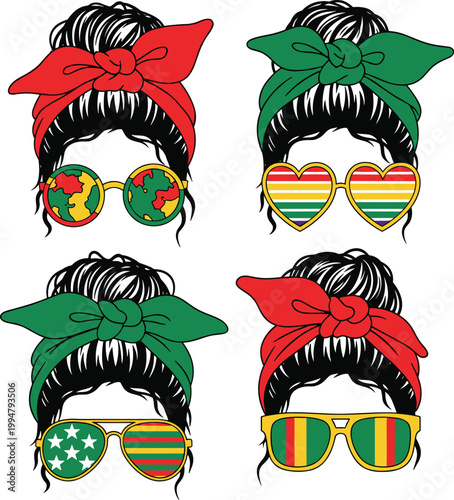 Juneteenth Women Hairstyle Vector African American Pride Hair Bun with Sunglasses Fashion Avatar Set