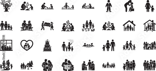 Comprehensive family icons for gardening house moving and active holiday adventures